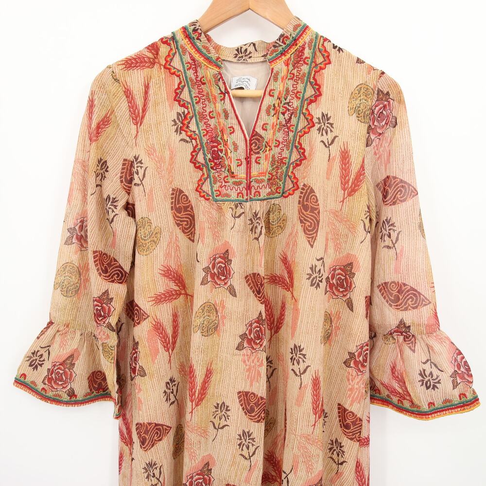 Zara Dress Tan Leaf Floral Pattern Nude Beige Bell Sleeve Embroidered Neckline M - Picture 4 of 12